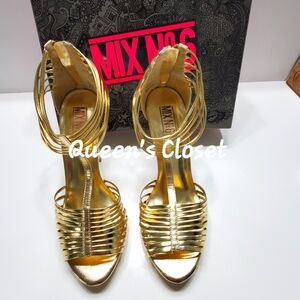 MIX No 6|M-JUROR Gold Leather Strappy Heels| Size:9